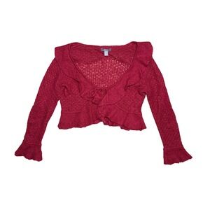 Apt 9 Women Pink Ruffle Open Knit Cropped Cardigan Shrug Tie Front